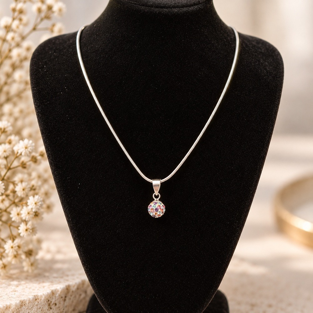 Sterling Silver Multi Color Crystal Disco Ball Pendant Necklace Snake Chain 925